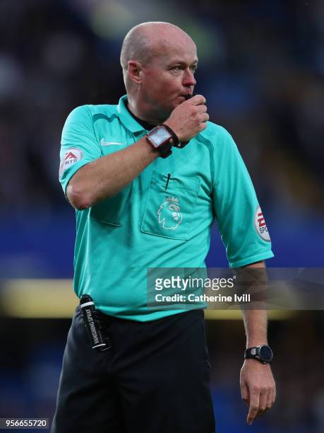 Referee Lee Mason during the Premier League match between Chelsea and Huddersfield Town at Stamford Bridge on May 9, 2018 in London, England.