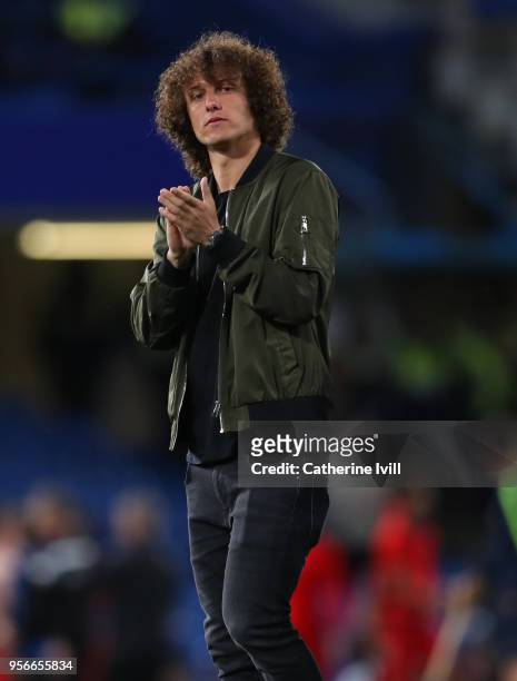 David Luiz of Chelsea applauds after the Premier League match between Chelsea and Huddersfield Town at Stamford Bridge on May 9, 2018 in London,...