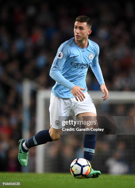 Aymeric Laporte of Manchester City during the Premier League match between Manchester City and Brighton and Hove Albion at Etihad Stadium on May 9,...