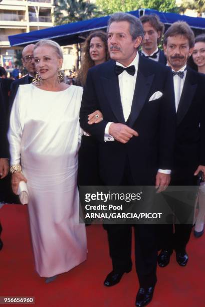 Jeanne Moreau et Marcello Mastroianni lors de la présentation du film 'Le Pas suspendu de la cigogne' en mai 1991 au Festival de Cannes, France.