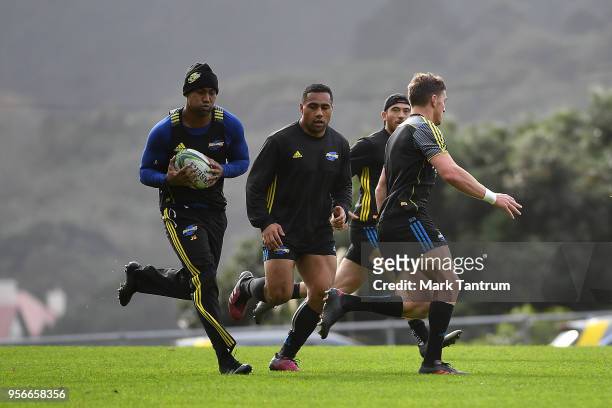 Julian Savea and Ngani Laumape during a Hurricanes Captains Run at Rugby League Park on May 10, 2018 in Wellington, New Zealand.