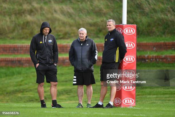 Coaches John Plumtree, Coach Chris Boyd and Richard Watt during a Hurricanes Captains Run at Rugby League Park on May 10, 2018 in Wellington, New...
