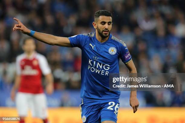 Riyad Mahrez of Leicester City during the Premier League match between Leicester City and Arsenal at The King Power Stadium on May 9, 2018 in...