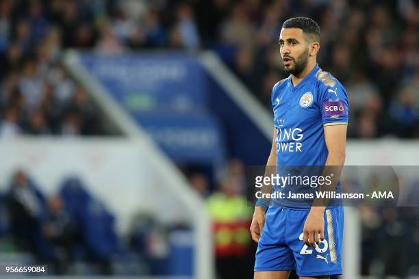 Riyad Mahrez of Leicester City during the Premier League match between Leicester City and Arsenal at The King Power Stadium on May 9, 2018 in...