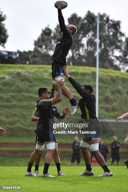 Brad Shields catches a line out ball during a Hurricanes Captains Run at Rugby League Park on May 10, 2018 in Wellington, New Zealand.