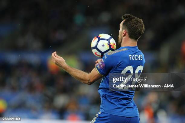 Christian Fuchs of Leicester City during the Premier League match between Leicester City and Arsenal at The King Power Stadium on May 9, 2018 in...