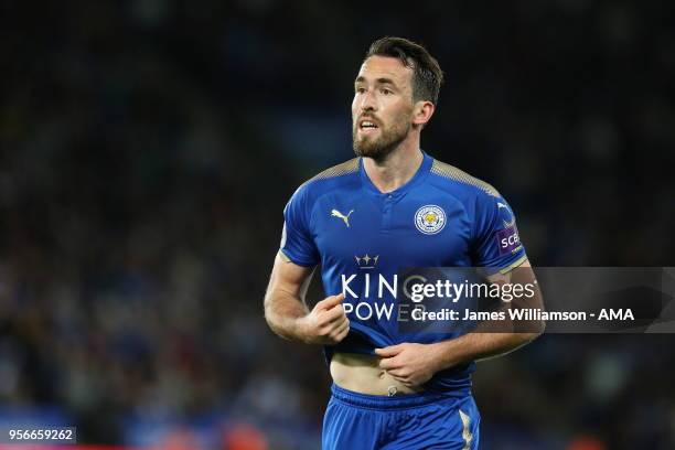 Christian Fuchs of Leicester City during the Premier League match between Leicester City and Arsenal at The King Power Stadium on May 9, 2018 in...