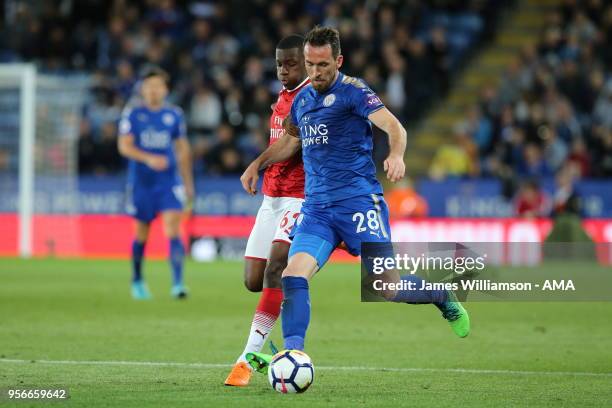 Christian Fuchs of Leicester City during the Premier League match between Leicester City and Arsenal at The King Power Stadium on May 9, 2018 in...