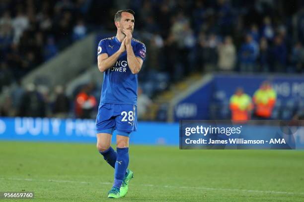 Christian Fuchs of Leicester City during the Premier League match between Leicester City and Arsenal at The King Power Stadium on May 9, 2018 in...