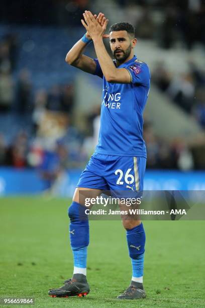 Riyad Mahrez of Leicester City during the Premier League match between Leicester City and Arsenal at The King Power Stadium on May 9, 2018 in...