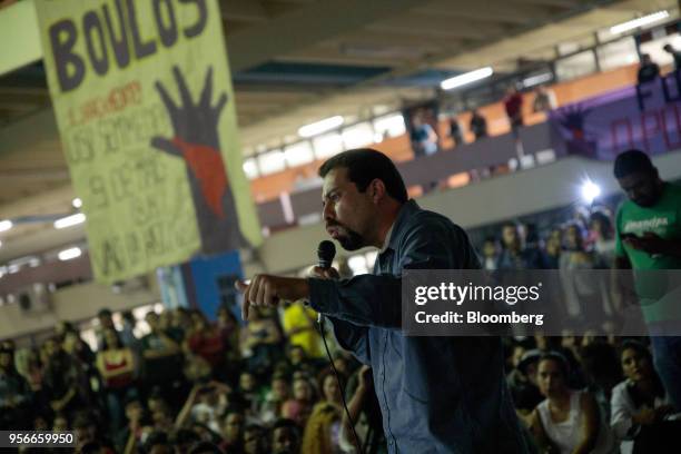 Guilherme Boulos, presidential candidate for the Socialism and Liberty Party , speaks during a campaign rally at the University of Sao Paulo in Sao...