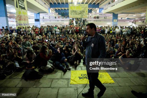 Guilherme Boulos, presidential candidate for the Socialism and Liberty Party , speaks during a campaign rally at the University of Sao Paulo in Sao...