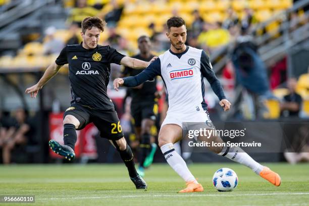 Columbus Crew midfielder Luis Argudo and Philadelphia Union midfielder Haris Medunjanin battle in the MLS regular season game between the Columbus...