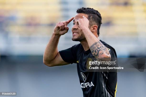 Columbus Crew midfielder Luis Argudo argues a call in the MLS regular season game between the Columbus Crew SC and the Philadelphia Union on May 09,...