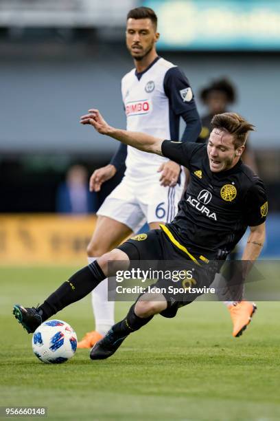 Columbus Crew midfielder Luis Argudo loses control in the MLS regular season game between the Columbus Crew SC and the Philadelphia Union on May 09,...