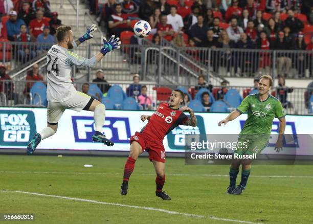 Seattle Sounders goalkeeper Stefan Frei comes out to challenge Toronto FC forward Sebastian Giovinco , who would pass it to Jonathan Osorio for TFC's...