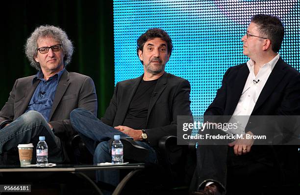 Executive producer/co-creators of "Two and a Half Men" and "The Big Bang Theory" Lee Aronsohn, Chuck Lorre and Bill Prady speak onstage at the CBS...