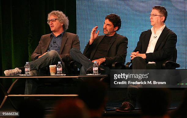 Executive producer/co-creators of "Two and a Half Men" and "The Big Bang Theory" Lee Aronsohn, Chuck Lorre and Bill Prady speak onstage at the CBS...