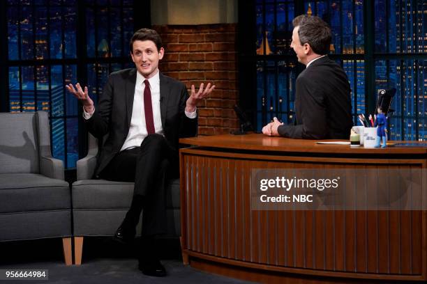 Episode 684 -- Pictured: Actor Zach Woods during an interview with host Seth Meyers on May 9, 2018 --