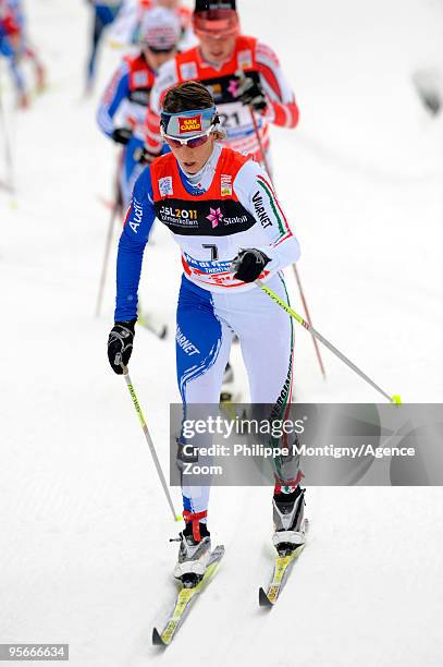 Marianna Longa of Italy competes to take 3rd place during the Women's 10km Classic Mass Start of the FIS Tour De Ski on January 9, 2010 in Val di...