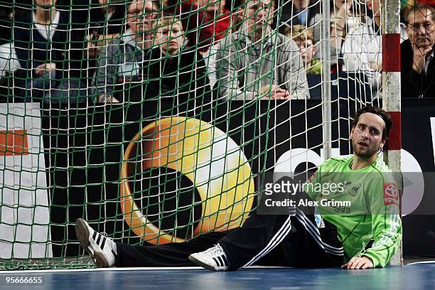 Goalkeeper Silvio Heinevetter of Germany reacts during the international handball friendly match between Germany and Iceland at the Arena Nuernberger...