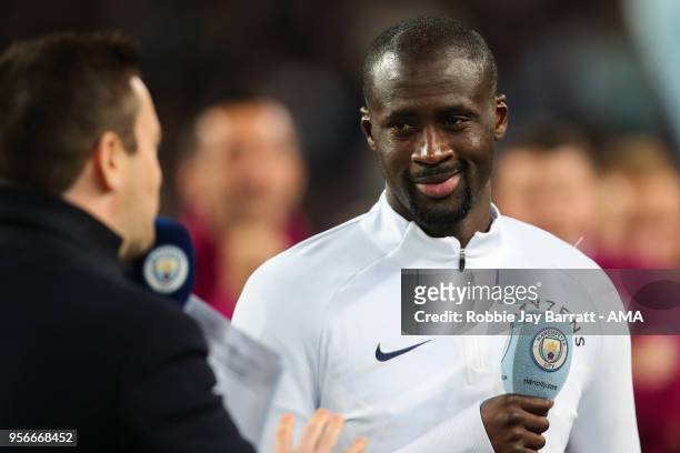 Yaya Toure of Manchester City makes a speech to the fans at full time during the Premier League match between Manchester City and Brighton and Hove...