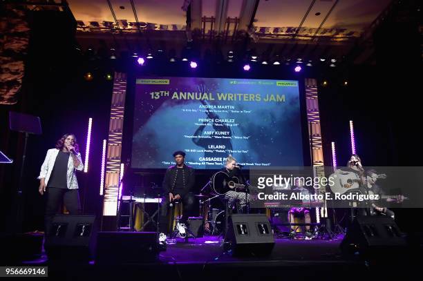 Songwriter/Producer Andrea Martin, Singer/Songwriters Prince Charlez, Amy Kuney, Leland and Cassadee Pope perform onstage at the '13th Annual Writers...