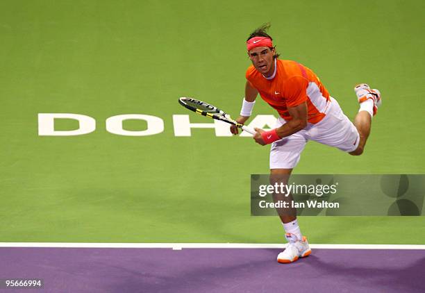 Rafael Nadal of Spain in action against Nikolay Davydenko of Russia during the Final match of the ATP Qatar ExxonMobil Open at the Khalifa...