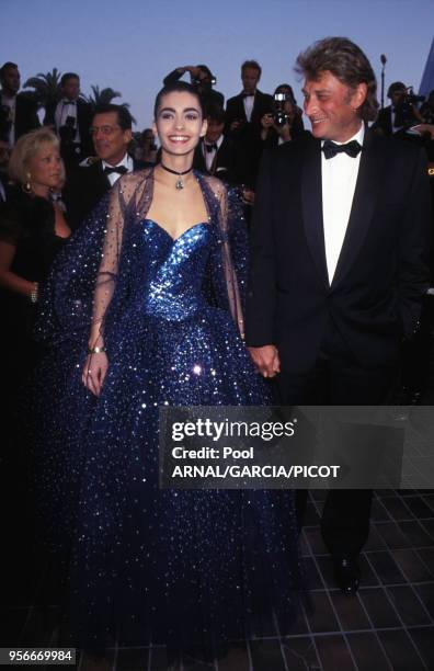 Johnny Hallyday et Adeline Blondieau au Festival de Cannes en mai 1992 France.