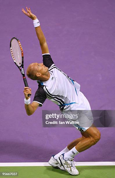 Nikolay Davydenko of Russia in action against Rafael Nadal of Spain during the Final match of the ATP Qatar ExxonMobil Open at the Khalifa...