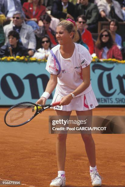 Monica Seles lors de la finale à Roland Garros en juin 1991 à Paris, France.