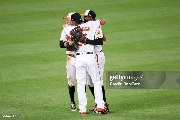 Craig Gentry, Adam Jones, and Anthony Santander of the Baltimore Orioles celebrate following the Orioles 5-3 win over the Kansas City Royals at...