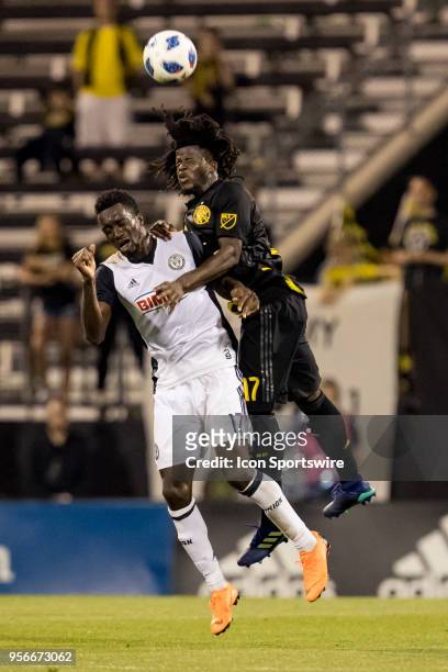 Philadelphia Union forward C.J. Sapong and Columbus Crew defender Lalas Abubakar both attempt to head the ball in the MLS regular season game between...