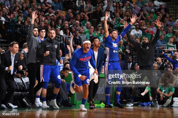 The Philadelphia 76ers bench celebrates during the game against the Boston Celtics in Game Five of the Eastern Conference Semifinals of the 2018 NBA...