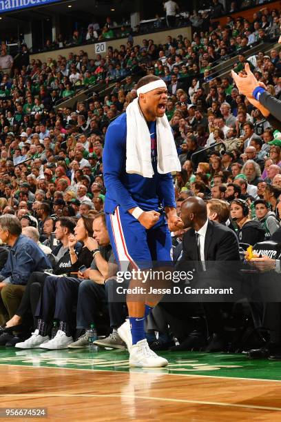 Justin Anderson of the Philadelphia 76ers reacts during the game against the Boston Celtics during Game Five of the Eastern Conference Semifinals of...