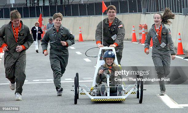 Middle school students from around the country compete in the Young Scientist Challenge>Taylor Simpkins, 13 from Costa Mesa CA rides a machine during...