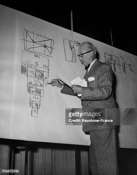 Architecte Le Corbusier dessinant des plans.
