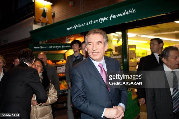 French politician and president of MODEM party, Francois Bayrou running for French Presidential March 10, 2012 in Toulouse, France. Here pictured...