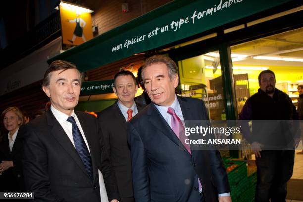 French politician and president of MODEM party, Francois Bayrou running for French Presidential March 10, 2012 in Toulouse, France. Here pictured...