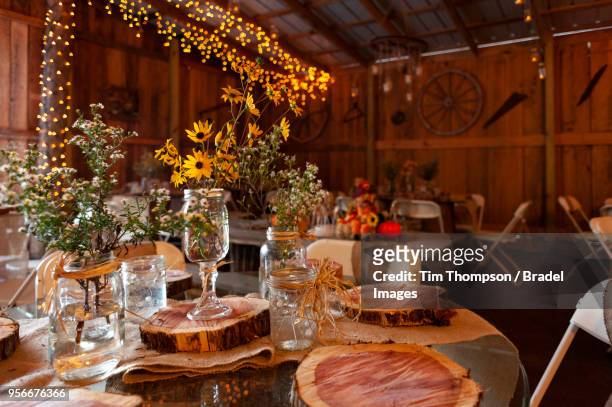 southern country styled wedding - wedding reception stock pictures, royalty-free photos & images