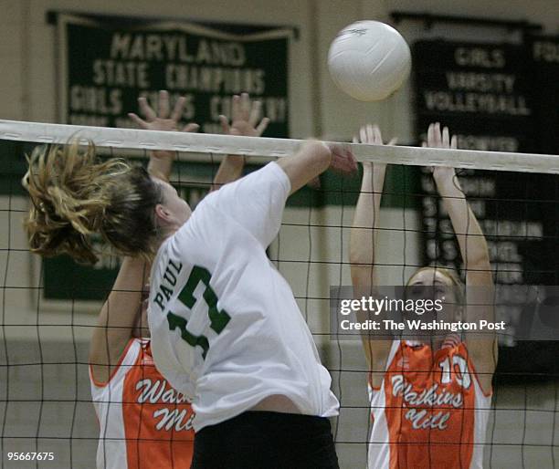 Walter Johnson player Christina Paul has a shot blocked by Watkins Mills' Anna Thompson during a game at Walter Johnson High School on Tuesday,...