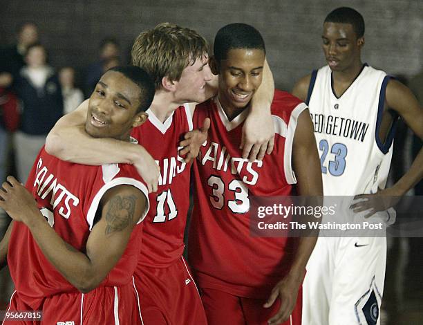 Boy's Basketball final : Georgetown Prep vs. St. Stephen's/St. Agnes. Here, St. Stephen's/St. Agnes' Andre Hunter, Casey Ide, and Jeremy Bull...