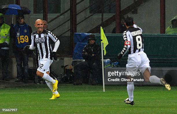 Massimo Maccarone of Siena celebrates with his team mate after scoring his team's first goal during the Serie A match between Inter Milan and Siena...