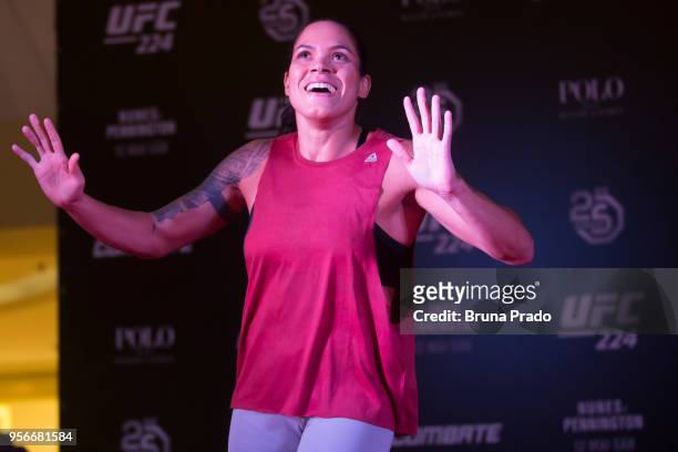 Women's bantamweight champion contender Amanda Nunes of Brazil holds an open training session at Barra Shopping Mall on May 9, 2018 in Rio de...
