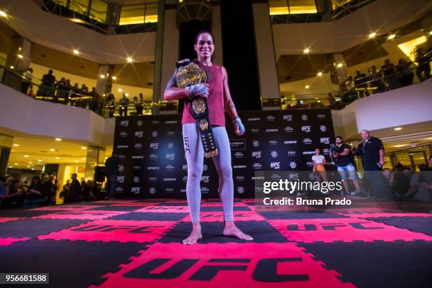 Women's bantamweight champion contender Amanda Nunes of Brazil holds an open training session at Barra Shopping Mall on May 9, 2018 in Rio de...