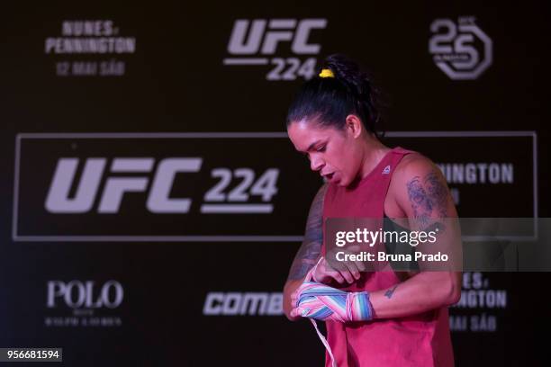 Women's bantamweight champion contender Amanda Nunes of Brazil holds an open training session at Barra Shopping Mall on May 9, 2018 in Rio de...