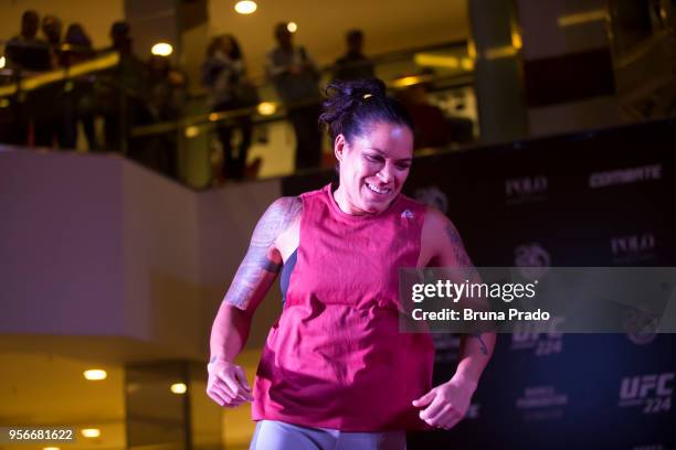 Women's bantamweight champion contender Amanda Nunes of Brazil holds an open training session at Barra Shopping Mall on May 9, 2018 in Rio de...