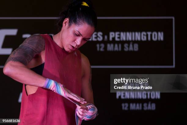 Women's bantamweight champion contender Amanda Nunes of Brazil holds an open training session at Barra Shopping Mall on May 9, 2018 in Rio de...