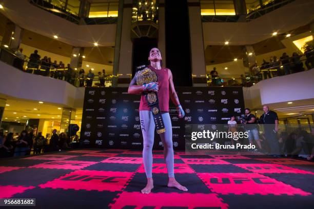 Women's bantamweight champion contender Amanda Nunes of Brazil holds an open training session at Barra Shopping Mall on May 9, 2018 in Rio de...