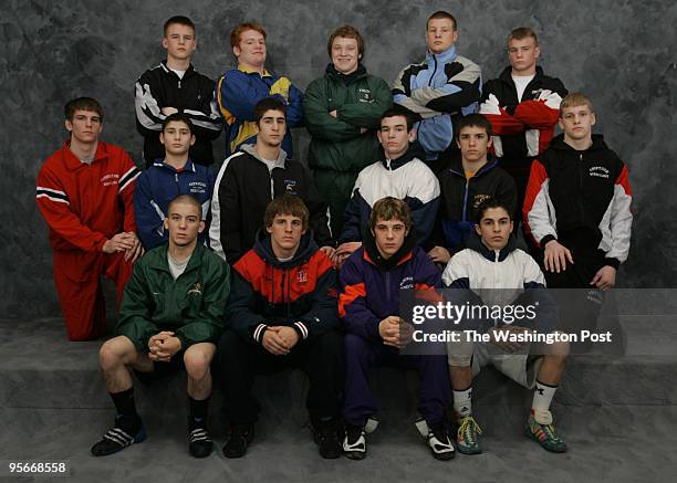 Winter Sports All-Met wrestling team photographed at the MCI Center on Tuesday, March 22, 2005. WRESTLING-Front row : Matt Taylor , Mike Rowe , Matt...